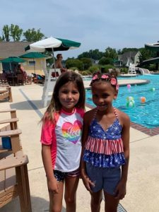 Two girls in front of pool